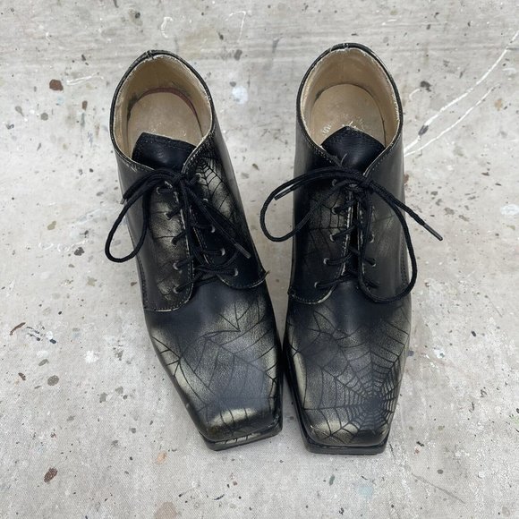 Vintage OG 90’s London Underground Spiderweb Print Leather Coffin Heel Platforms - Picture 6 of 8